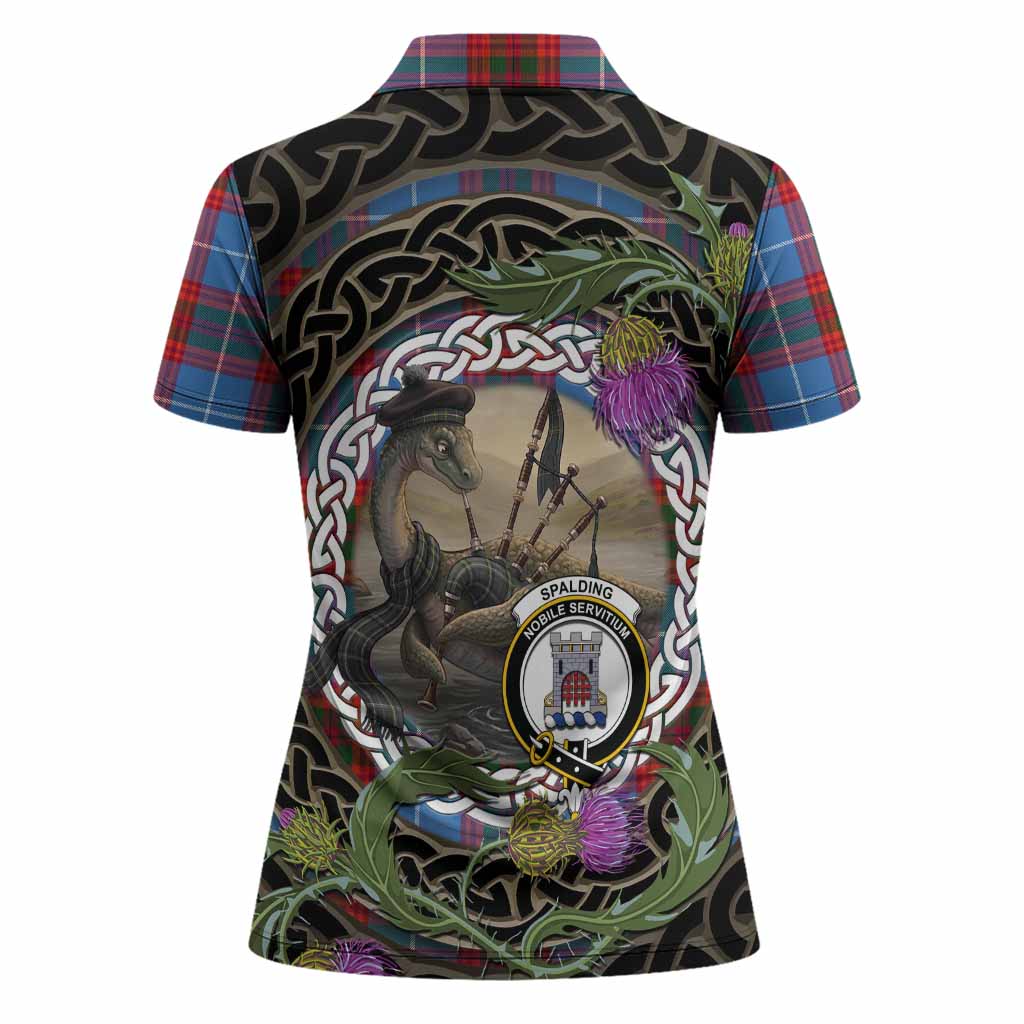 Spalding Tartan Crest Bagpipe Nessie Women Polo Shirt Scottish Loch Ness Monster Celtic Thistle