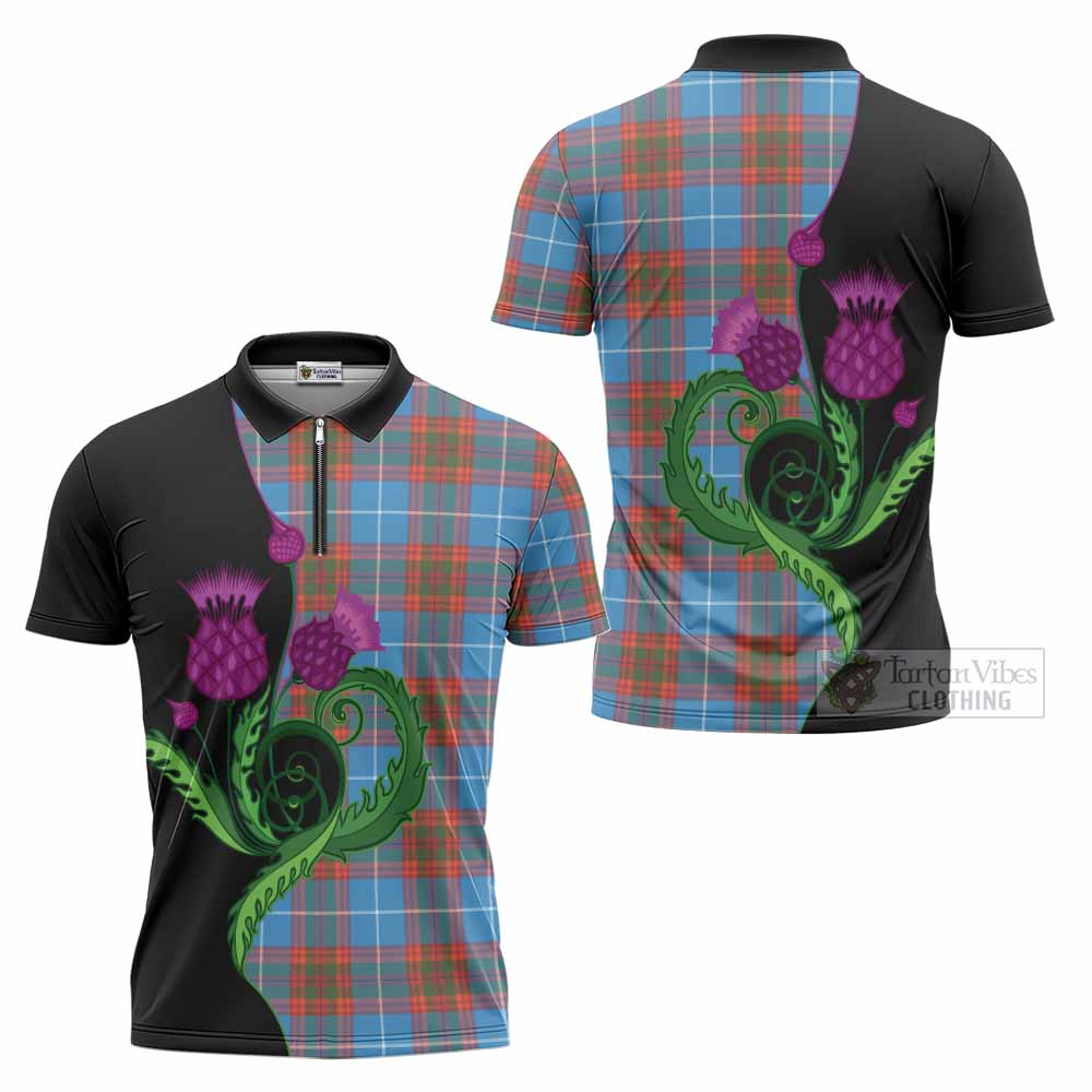 Spalding Tartan Zipper Polo Shirt Traditional Scottish Thistle
