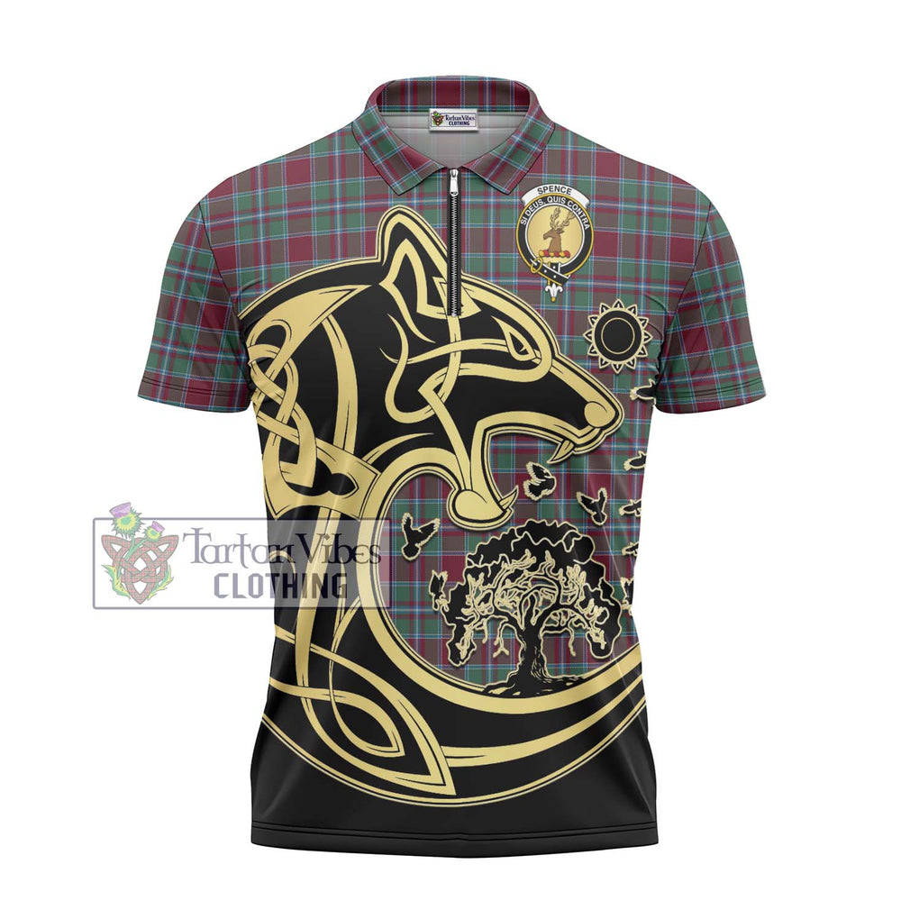 Spence Tartan Zipper Polo Shirt with Family Crest Celtic Wolf Style - Tartan Vibes Clothing