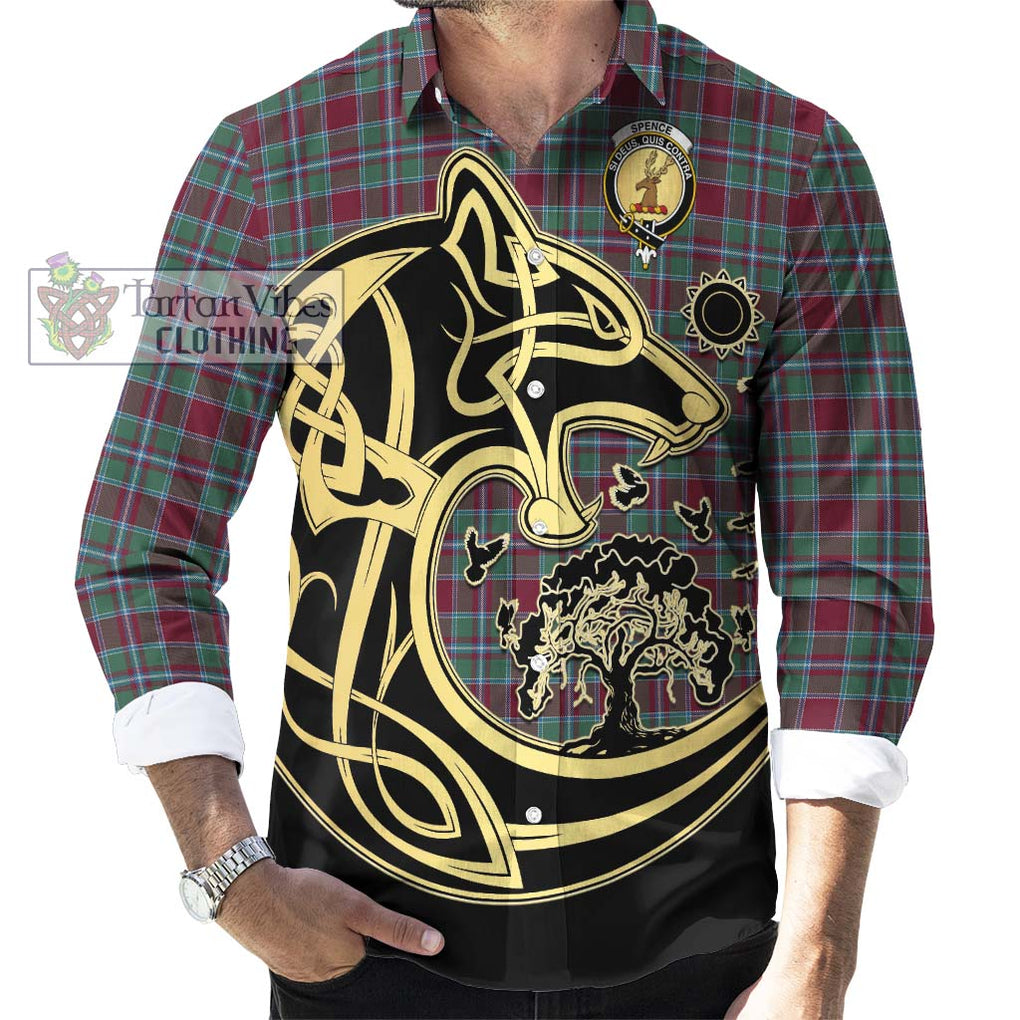 Spence Tartan Long Sleeve Button Shirt with Family Crest Celtic Wolf Style - Tartan Vibes Clothing