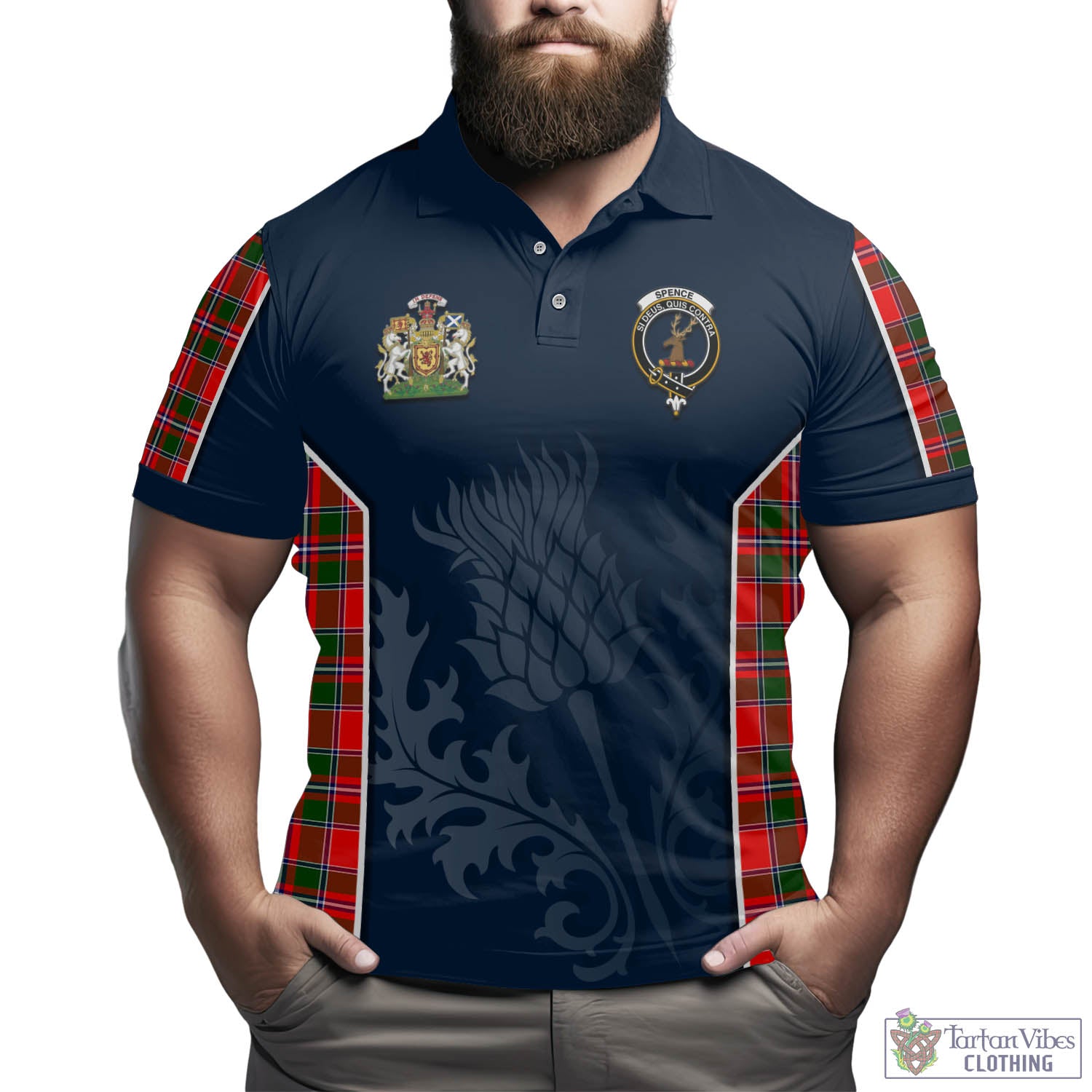 Spence Modern Tartan Men's Polo Shirt with Family Crest and Scottish Thistle Vibes Sport Style - Tartan Vibes Clothing