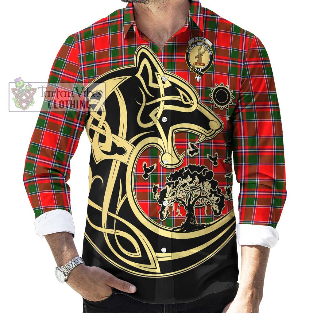 Spence Modern Tartan Long Sleeve Button Shirt with Family Crest Celtic Wolf Style - Tartan Vibes Clothing