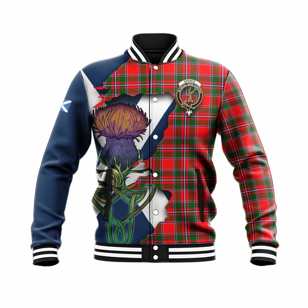 Tartan Vibes Clothing Spence (Spens) Tartan Family Crest Baseball Jacket Scottish Thistle Celtic Inspired