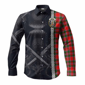 Tartan Vibes Clothing Spence (Spens) Tartan Long Sleeve Button Shirt with Family Crest Cross Sword Thistle Celtic Vibes