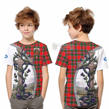 Tartan Vibes Clothing Spence (Spens) Tartan Kid T-Shirt with Family Crest and St. Andrew's Cross Accented by Thistle Vines