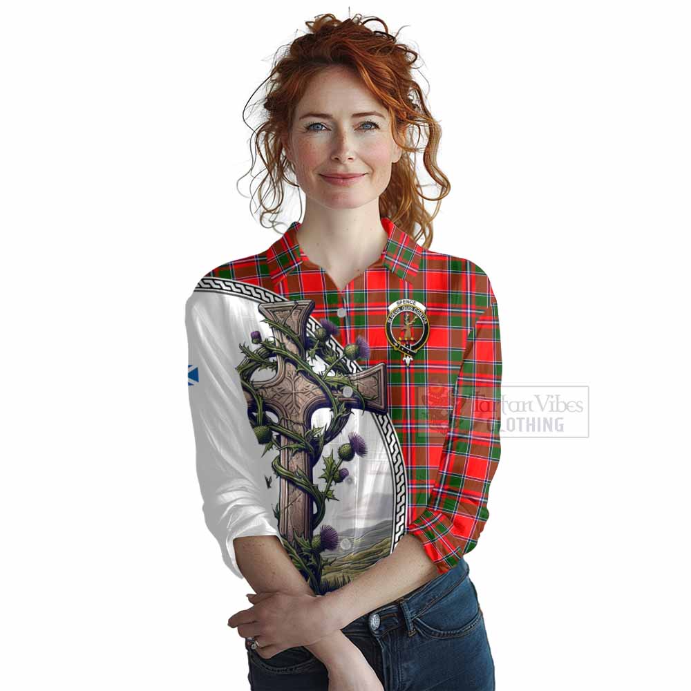 Tartan Vibes Clothing Spence (Spens) Tartan Women's Casual Shirt with Family Crest and St. Andrew's Cross Accented by Thistle Vines