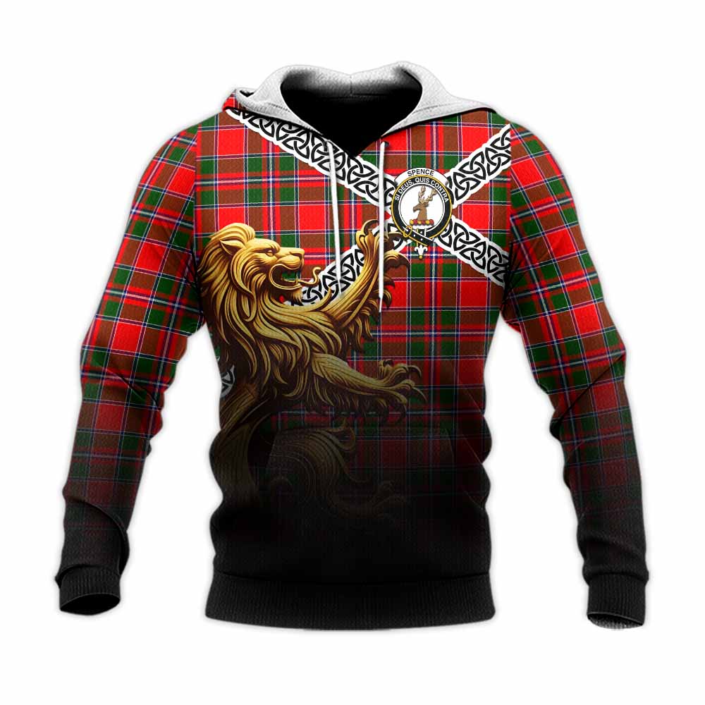Spence (Spens) Crest Tartan Knitted Hoodie with Golden Lion Emblem Celtic Style Unisex Knitted Pullover Hoodie - Tartan Vibes Clothing