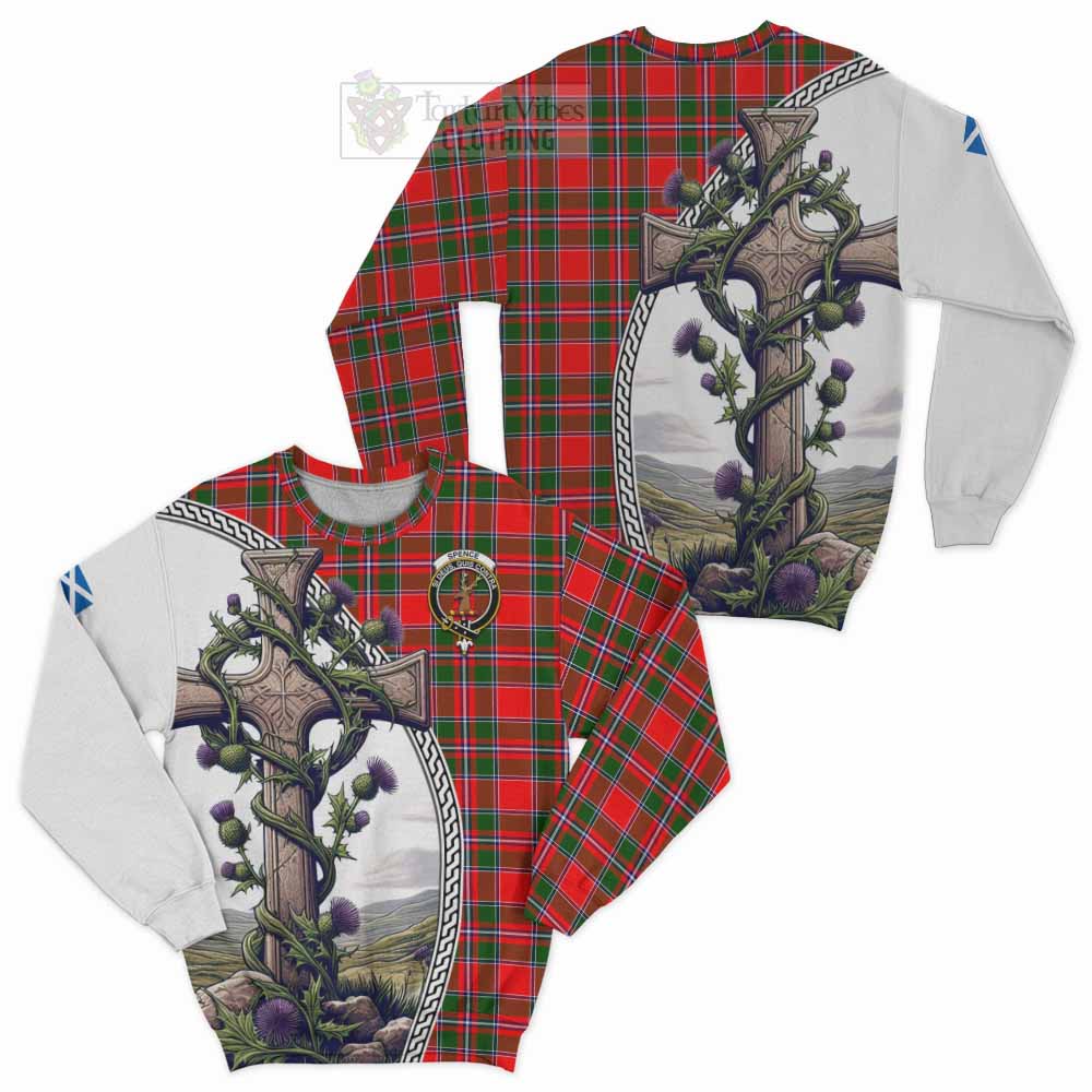 Spence (Spens) Tartan Sweatshirt with Family Crest and St. Andrew's Cross Accented by Thistle Vines Unisex - Tartan Vibes Clothing