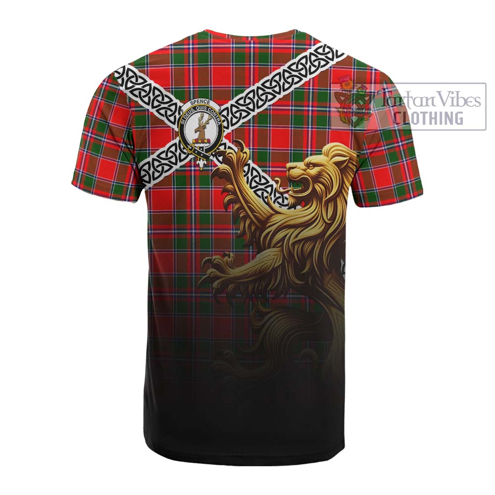 Tartan Vibes Clothing Spence (Spens) Crest Tartan Cotton T-shirt with Golden Lion Emblem Celtic Style