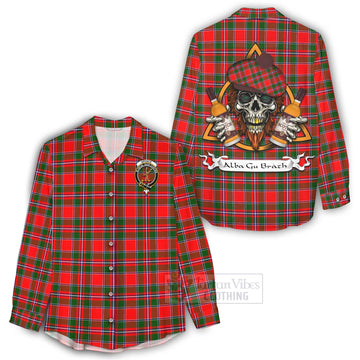 Spence (Spens) Tartan Women's Casual Shirt with Family Crest and Bearded Skull Holding Bottles of Whiskey - Tartan Vibes Clothing
