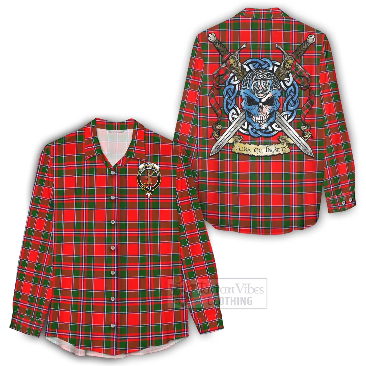 Spence (Spens) Tartan Women's Casual Shirt with Family Crest Celtic Skull Style - Tartan Vibes Clothing