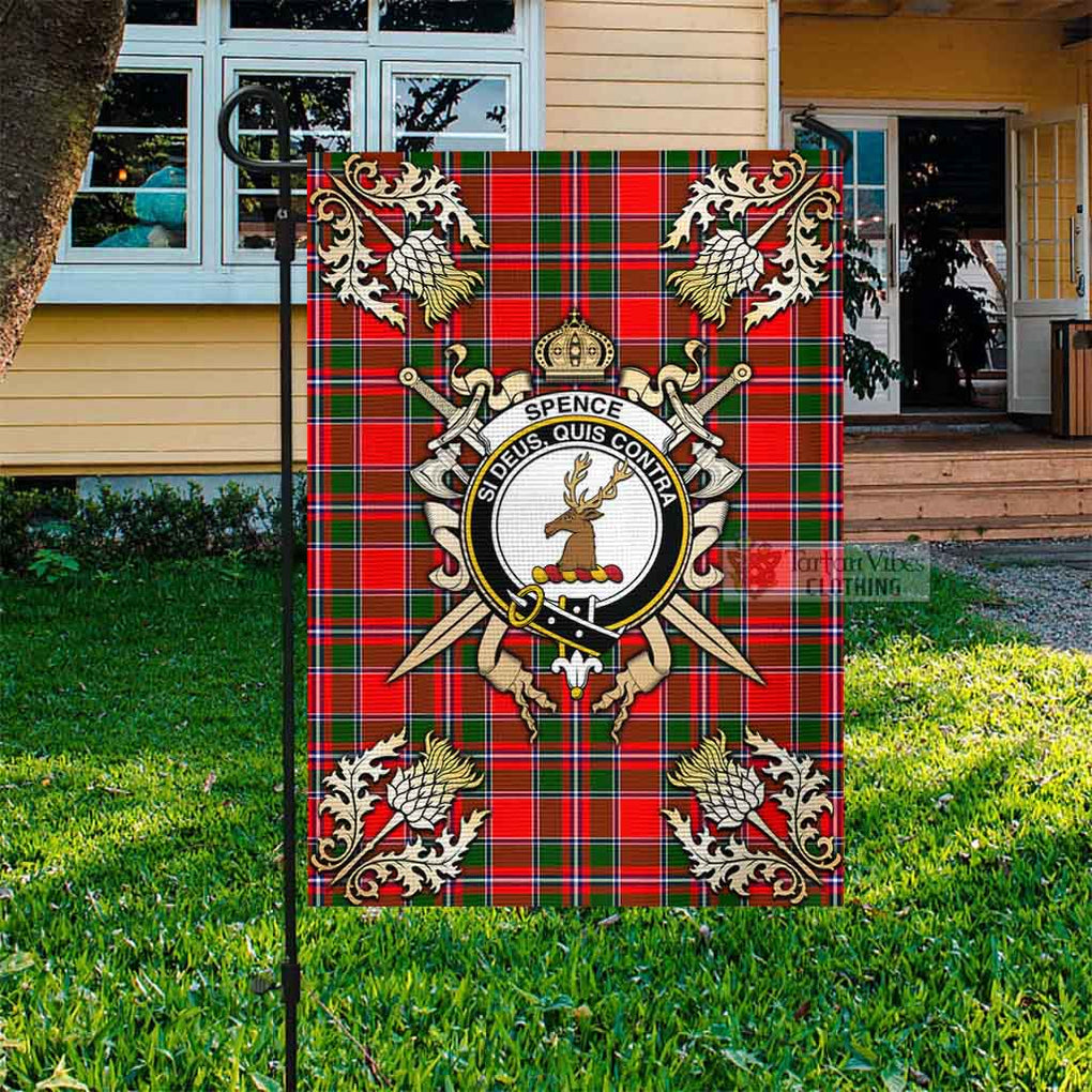Tartan Vibes Clothing Spence (Spens) Tartan Flag with Family Crest and Golden Thistle Crossed Sword Design
