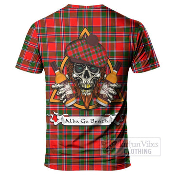 Spence (Spens) Tartan T-Shirt with Family Crest and Bearded Skull Holding Bottles of Whiskey - Tartan Vibes Clothing