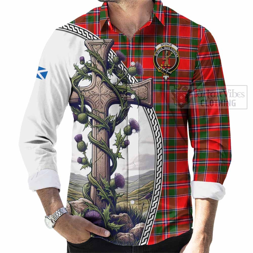 Spence (Spens) Tartan Long Sleeve Button Shirt with Family Crest and St. Andrew's Cross Accented by Thistle Vines - Tartan Vibes Clothing