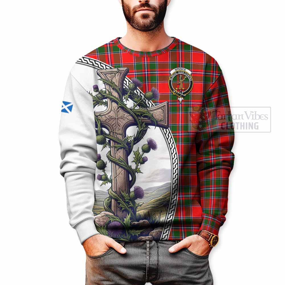 Spence (Spens) Tartan Sweatshirt with Family Crest and St. Andrew's Cross Accented by Thistle Vines - Tartan Vibes Clothing