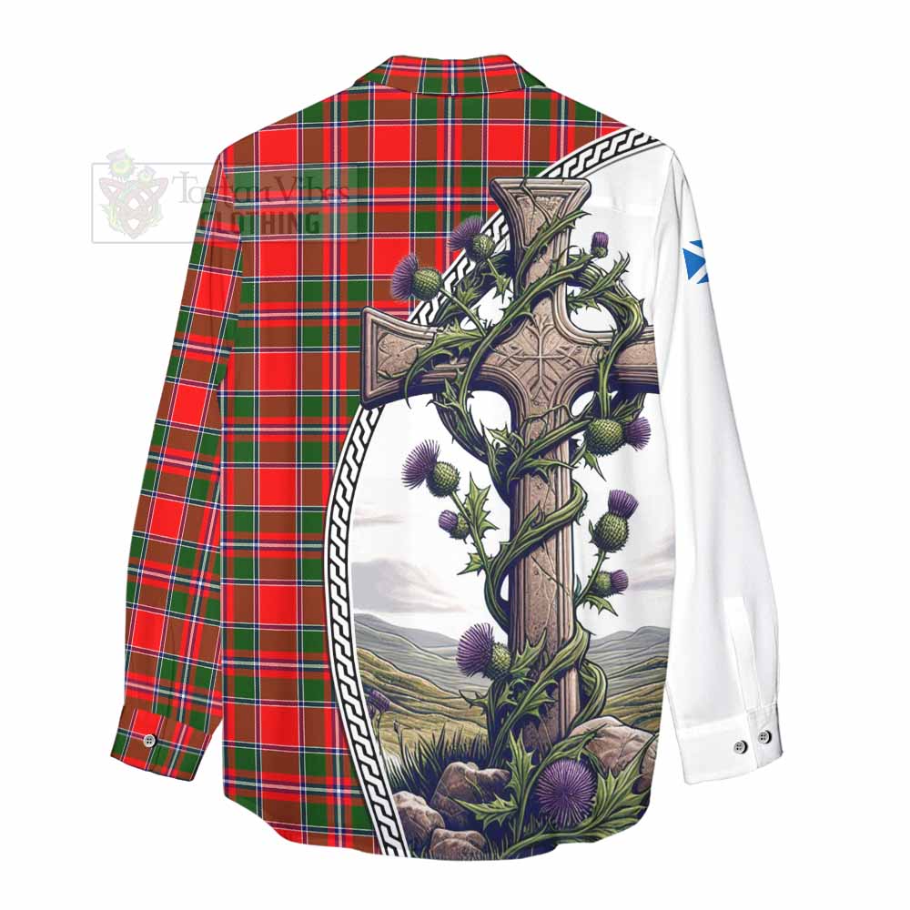 Tartan Vibes Clothing Spence (Spens) Tartan Women's Casual Shirt with Family Crest and St. Andrew's Cross Accented by Thistle Vines