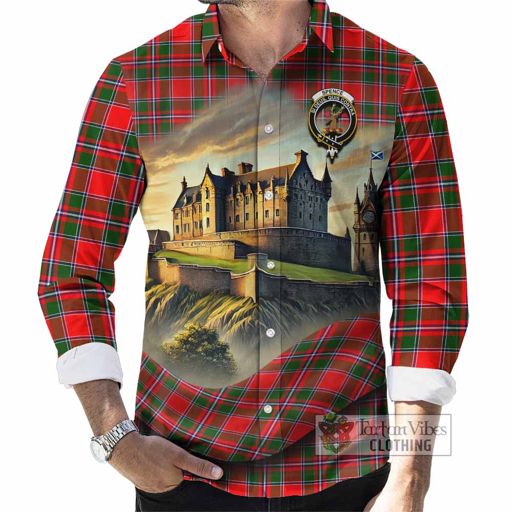 Tartan Vibes Clothing Spence (Spens) Tartan Family Crest Long Sleeve Button Shirt with Scottish Ancient Castle Style