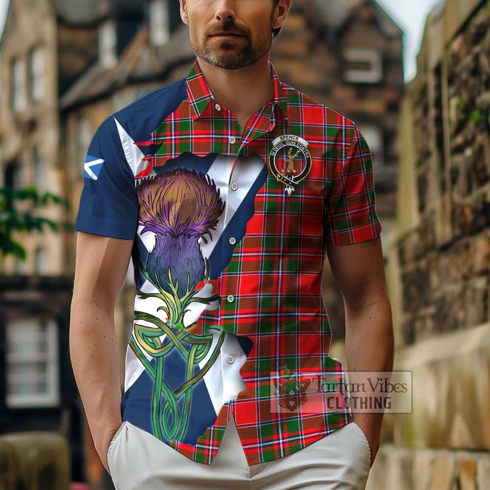 Tartan Vibes Clothing Spence (Spens) Tartan Family Crest Short Sleeve Button Shirt Scottish Thistle Celtic Inspired