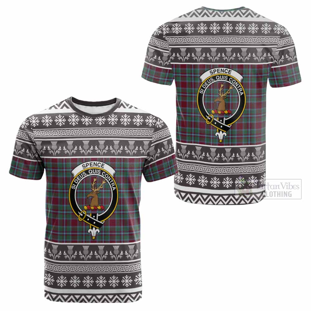 Spence (Spens) Clan Tartan Christmas Cotton T-shirt with Family Crest - Tartan Vibes Clothing