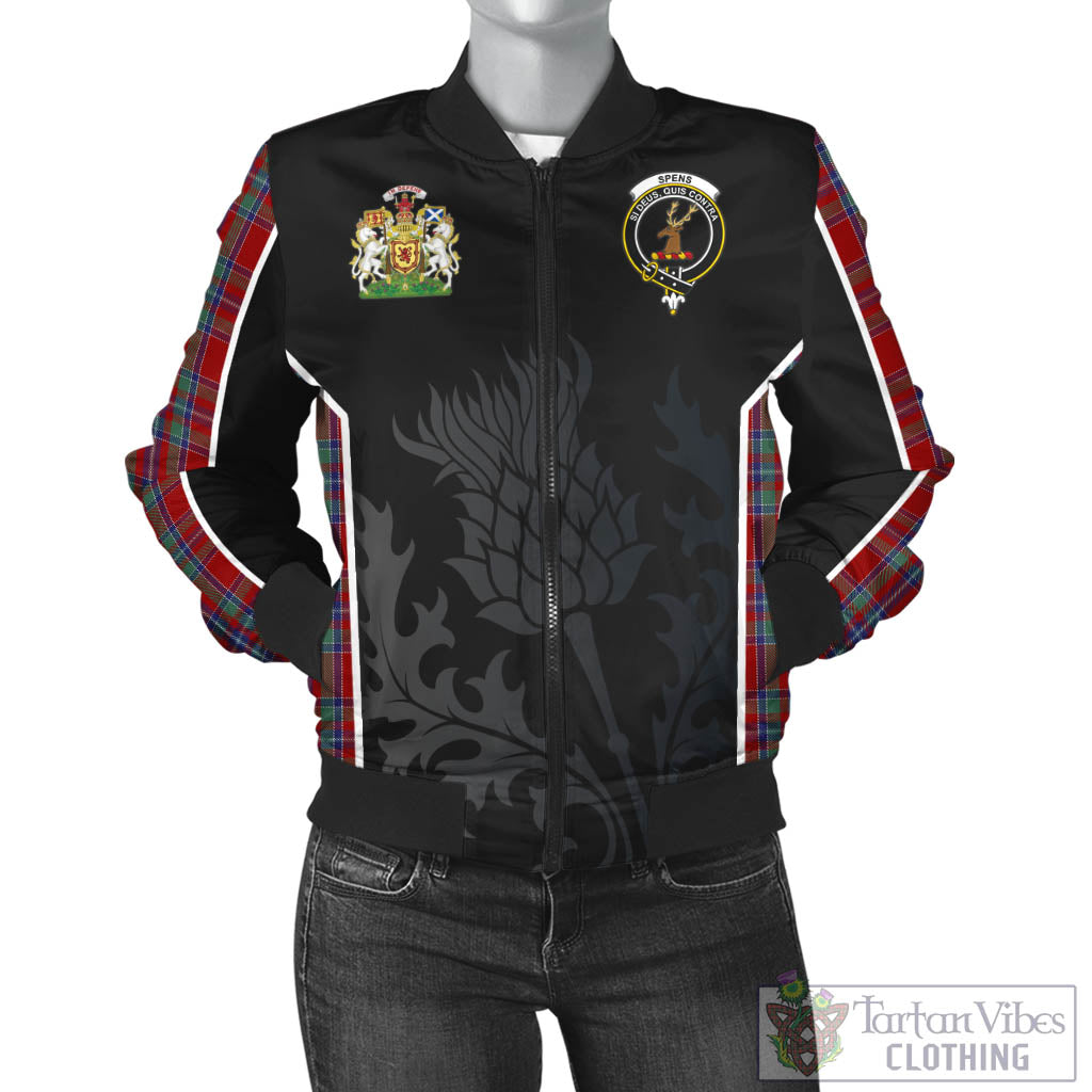 Tartan Vibes Clothing Spens Tartan Bomber Jacket with Family Crest and Scottish Thistle Vibes Sport Style
