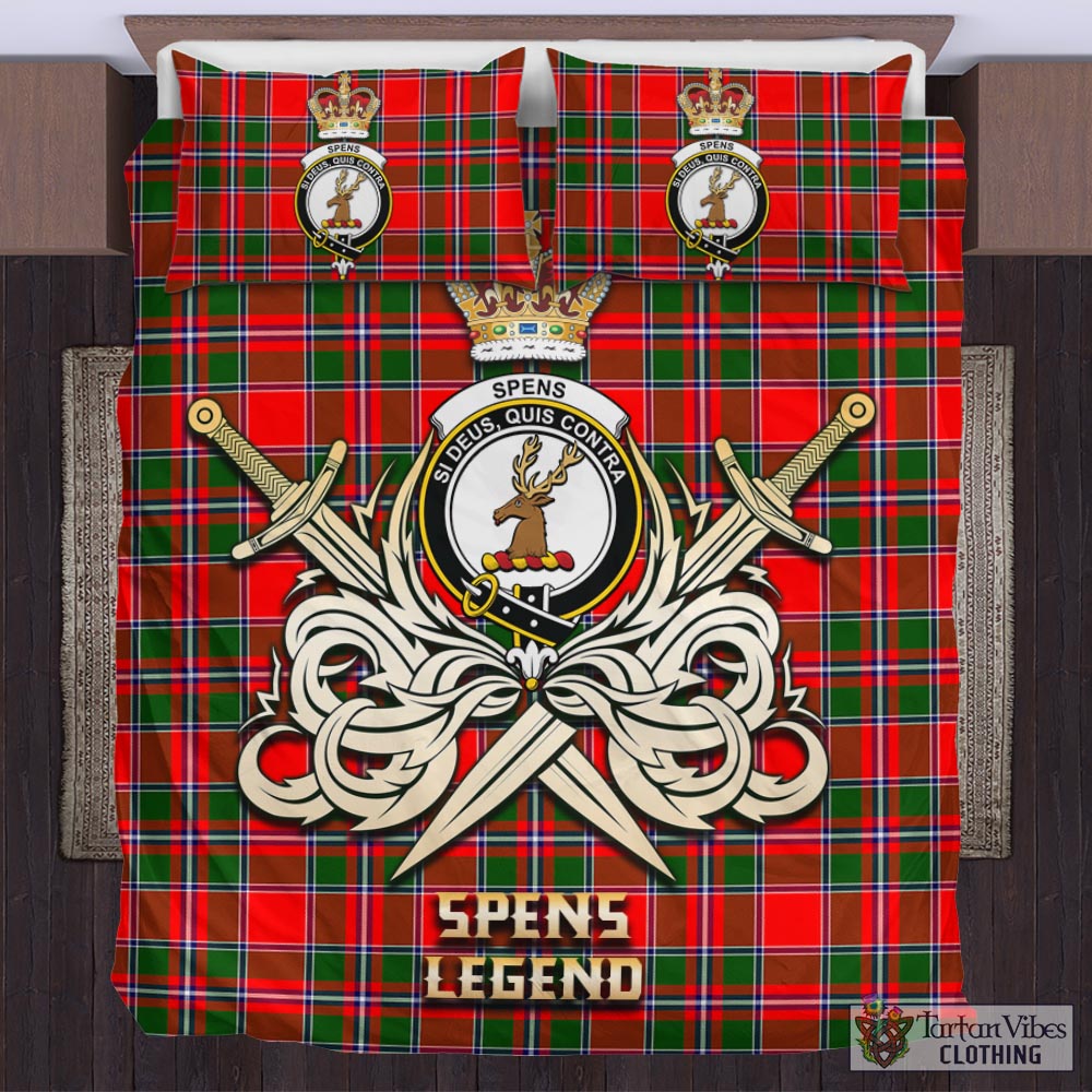 Tartan Vibes Clothing Spens Modern Tartan Bedding Set with Clan Crest and the Golden Sword of Courageous Legacy
