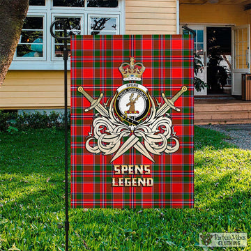 Spens Modern Tartan Garden Flag with Clan Crest and the Golden Sword of Courageous Legacy