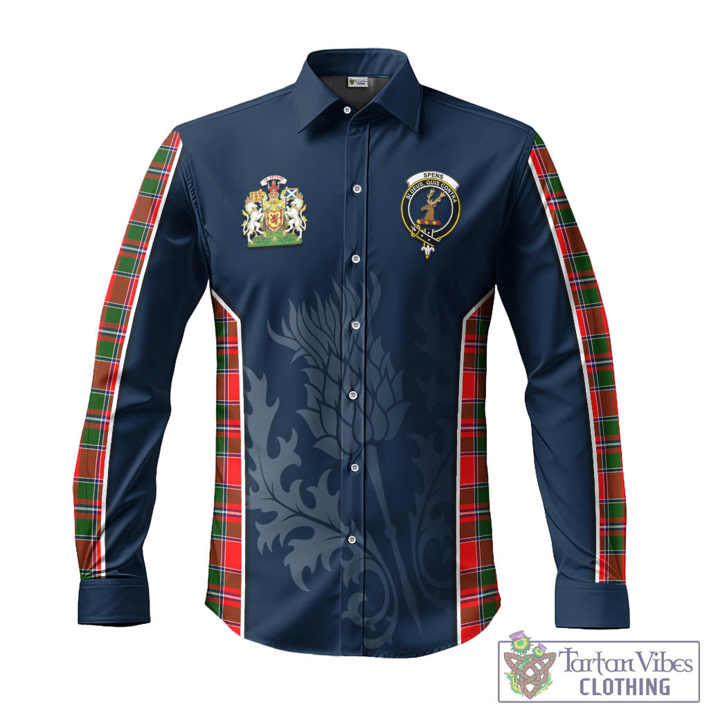 Tartan Vibes Clothing Spens Modern Tartan Long Sleeve Button Up Shirt with Family Crest and Scottish Thistle Vibes Sport Style