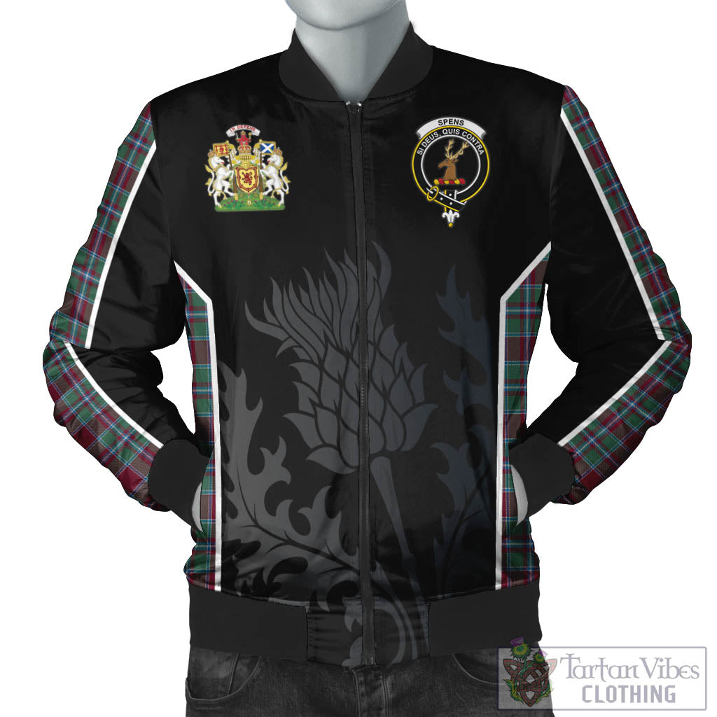 Spence (Spens) Tartan Bomber Jacket with Family Crest and Scottish Thistle Vibes Sport Style Unisex Black - Tartan Vibes Clothing