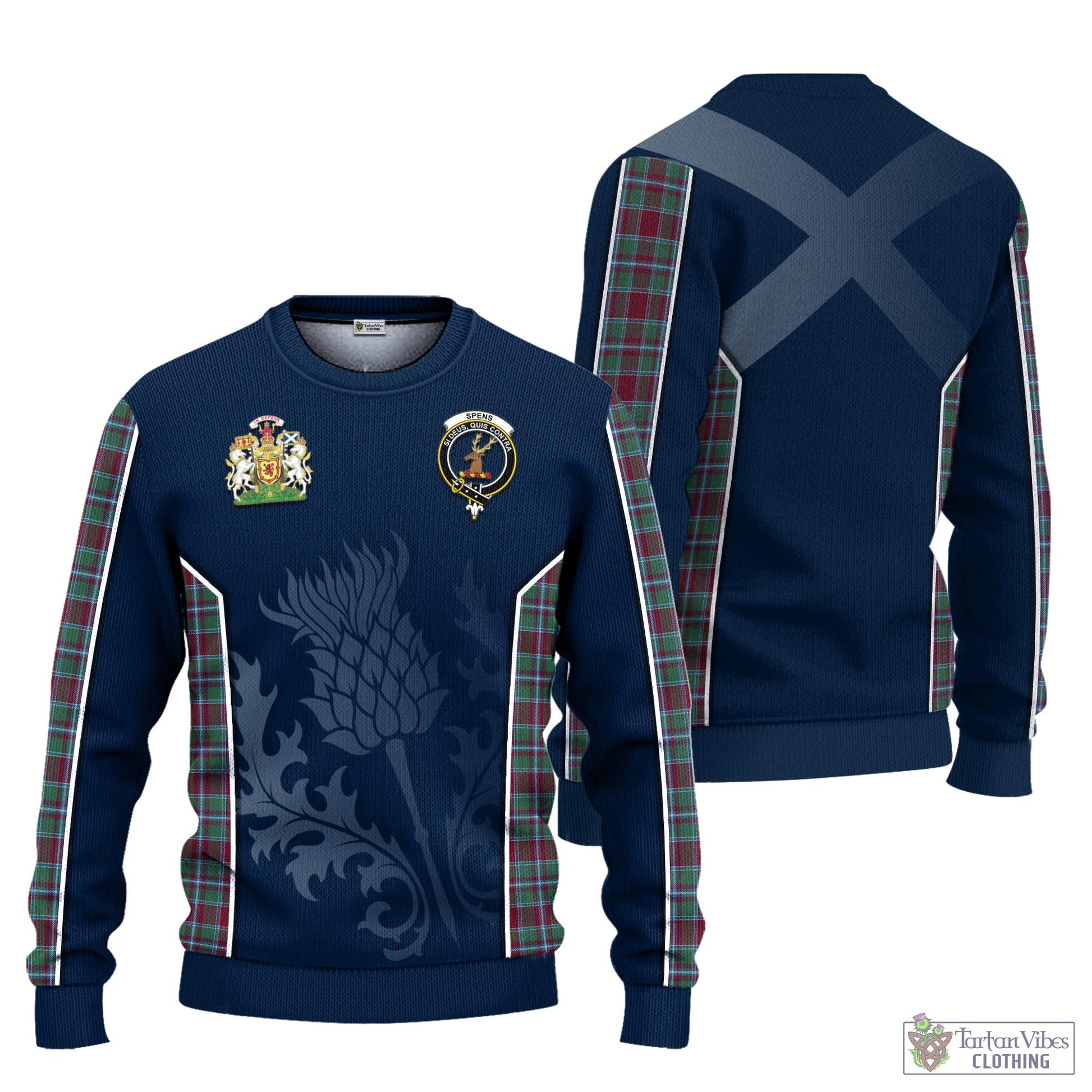 Spence (Spens) Tartan Knitted Sweatshirt with Family Crest and Scottish Thistle Vibes Sport Style Unisex - Tartan Vibes Clothing