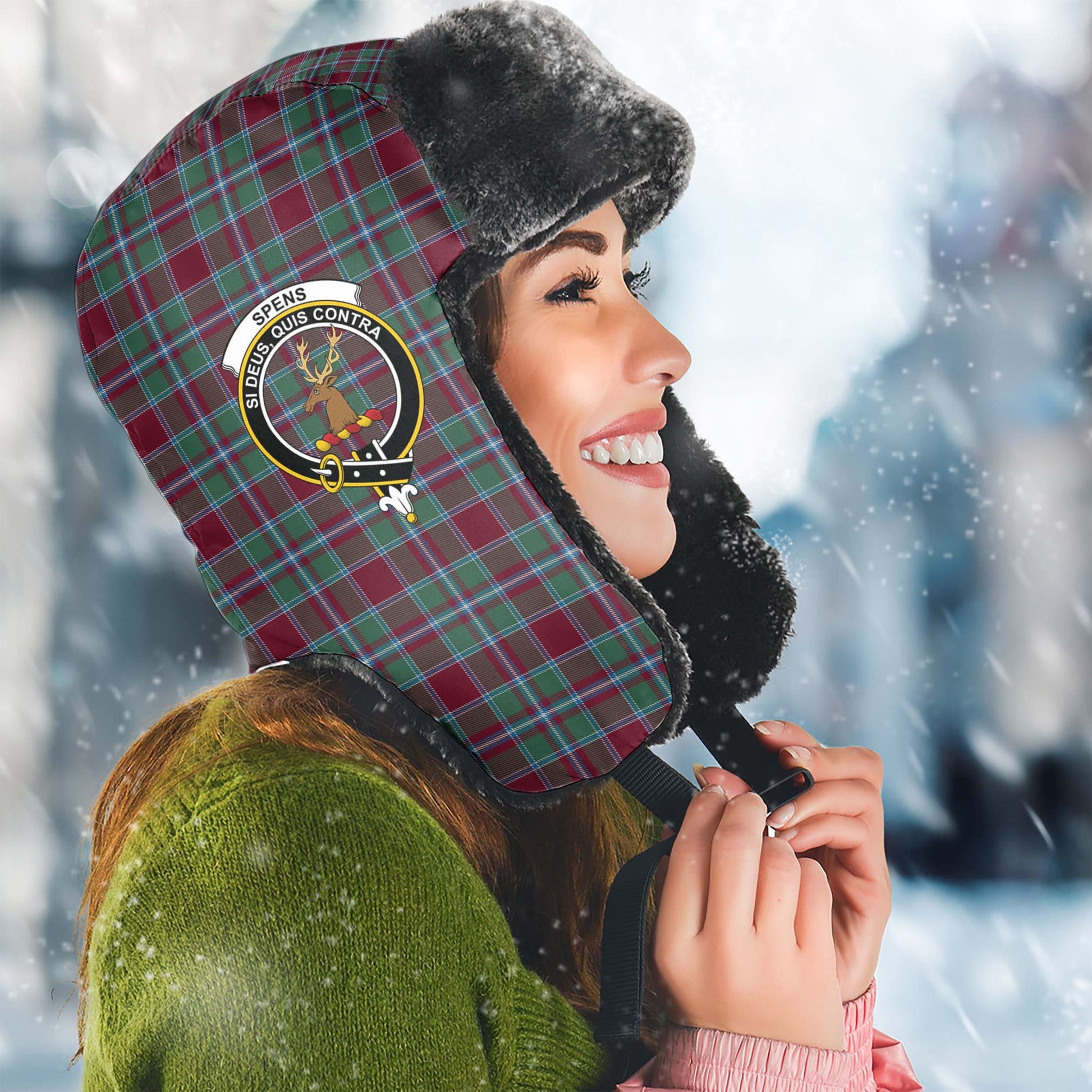 Spence (Spens) Tartan Winter Trapper Hat with Family Crest Winter Trapper Hat Universal Fit Circumference 22.8in (58cm) - Tartan Vibes Clothing