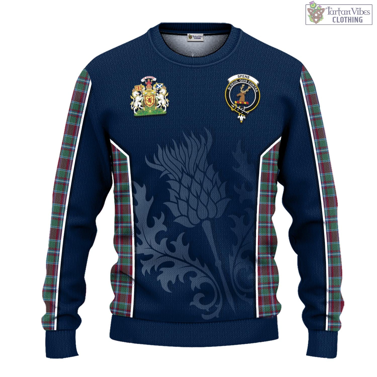 Spence (Spens) Tartan Knitted Sweatshirt with Family Crest and Scottish Thistle Vibes Sport Style - Tartan Vibes Clothing