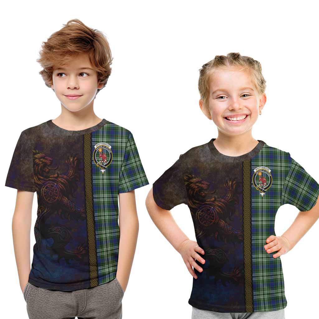 Tartan Vibes Clothing Spottiswood Tartan Family Crest Kid T-Shirt Alba Gu Brath Be Brave Lion Ancient Style