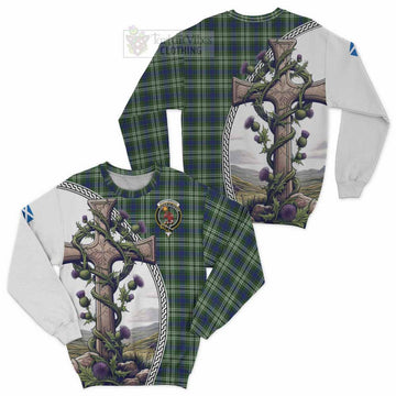Spottiswood Tartan Sweatshirt with Family Crest and St. Andrew's Cross Accented by Thistle Vines