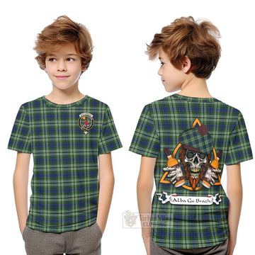 Spottiswood Tartan Kid T-Shirt with Family Crest and Bearded Skull Holding Bottles of Whiskey Youth XL Size14 - Tartan Vibes Clothing