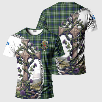 Spottiswood Tartan T-Shirt with Family Crest and St. Andrew's Cross Accented by Thistle Vines Kid's Shirt - Tartan Vibes Clothing
