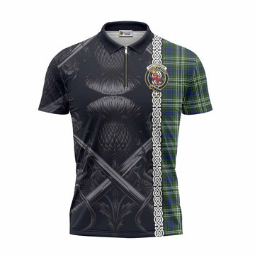 Spottiswood Tartan Zipper Polo Shirt with Family Crest Cross Sword Thistle Celtic Vibes Unisex - Tartan Vibes Clothing