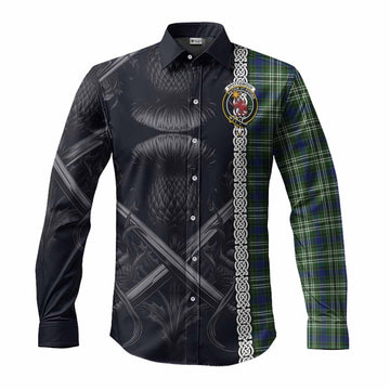 Tartan Vibes Clothing Spottiswood Tartan Long Sleeve Button Shirt with Family Crest Cross Sword Thistle Celtic Vibes