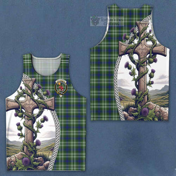 Spottiswood Tartan Men's Tank Top with Family Crest and St. Andrew's Cross Accented by Thistle Vines Men - Tartan Vibes Clothing