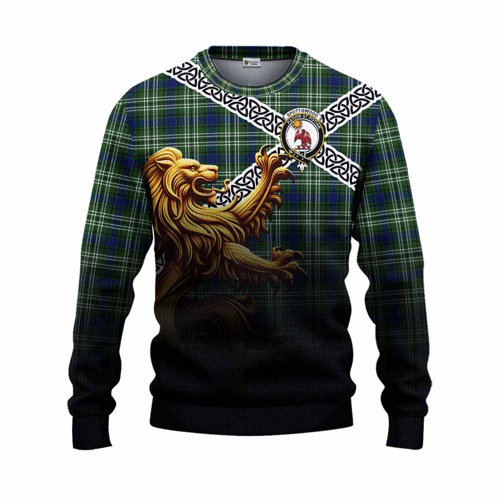 Spottiswood Crest Tartan Knitted Sweater with Golden Lion Emblem Celtic Style Unisex - Tartan Vibes Clothing