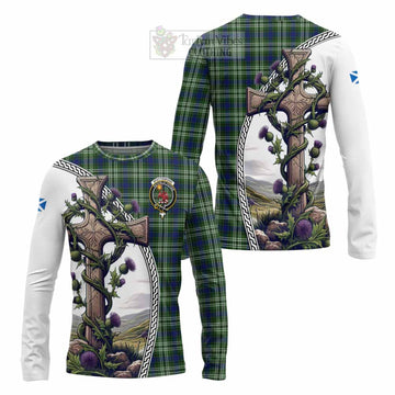 Spottiswood Tartan Long Sleeve T-Shirt with Family Crest and St. Andrew's Cross Accented by Thistle Vines
