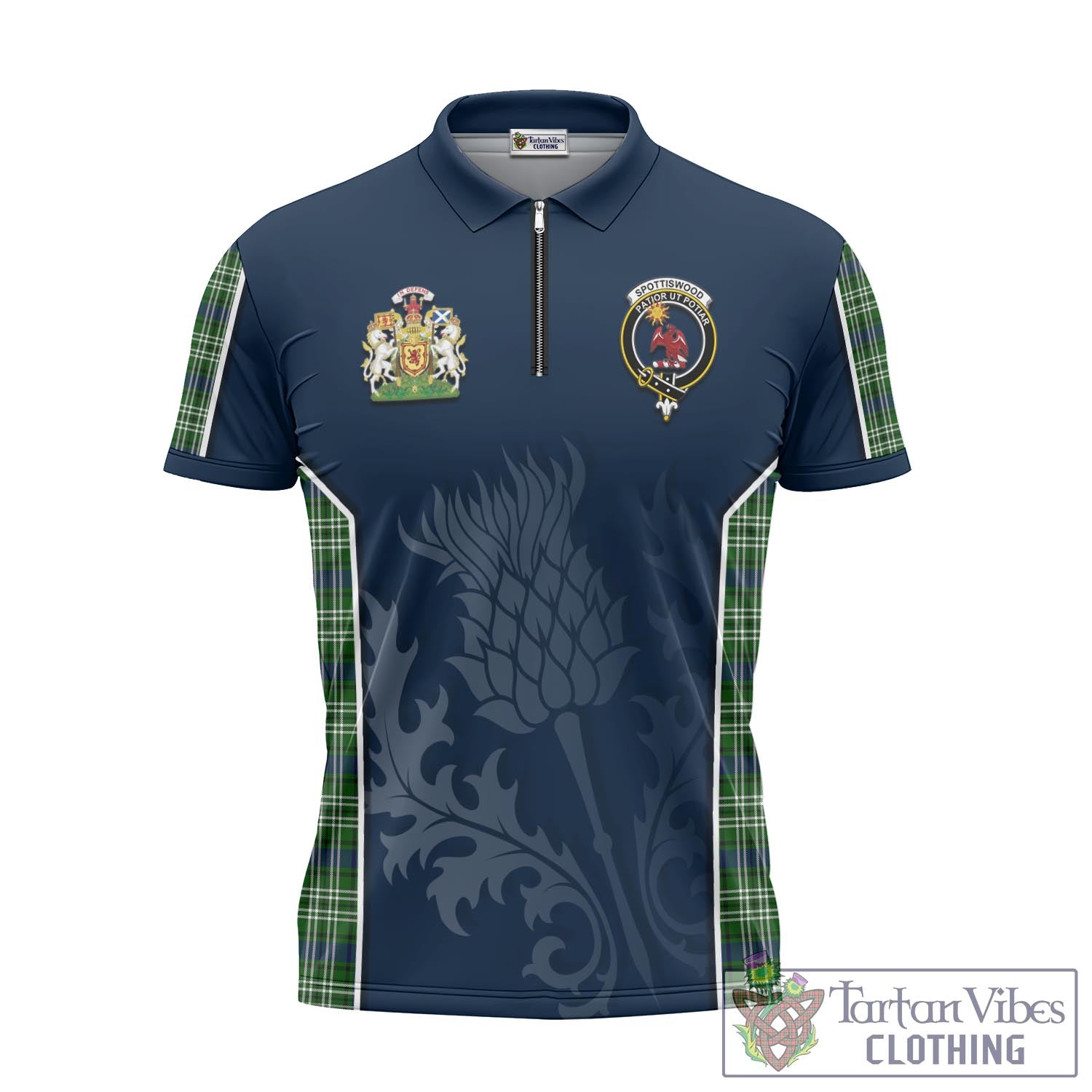 Tartan Vibes Clothing Spottiswood Tartan Zipper Polo Shirt with Family Crest and Scottish Thistle Vibes Sport Style