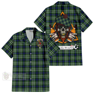 Spottiswood Tartan Hawaiian Shirt with Family Crest and Bearded Skull Holding Bottles of Whiskey Kid - Tartan Vibes Clothing