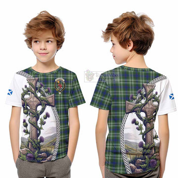 Spottiswood Tartan Kid T-Shirt with Family Crest and St. Andrew's Cross Accented by Thistle Vines