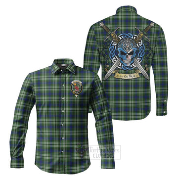 Spottiswood Tartan Long Sleeve Button Shirt with Family Crest Celtic Skull Style Men's Shirt S - Tartan Vibes Clothing