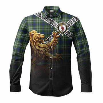 Spottiswood Crest Tartan Long Sleeve Button Shirt with Golden Lion Emblem Celtic Style Men's Shirt S - Tartan Vibes Clothing