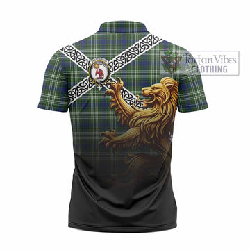 Spottiswood Crest Tartan Zipper Polo Shirt with Golden Lion Emblem Celtic Style - Tartan Vibes Clothing