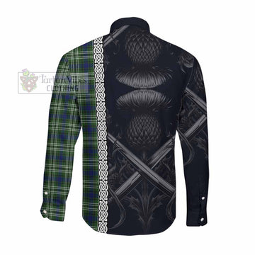 Tartan Vibes Clothing Spottiswood Tartan Long Sleeve Button Shirt with Family Crest Cross Sword Thistle Celtic Vibes