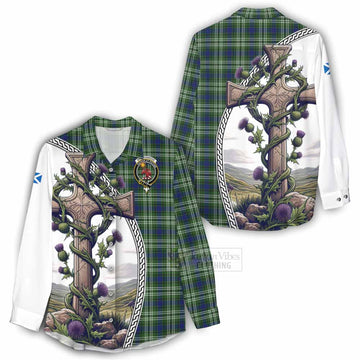 Spottiswood Tartan Women's Casual Shirt with Family Crest and St. Andrew's Cross Accented by Thistle Vines