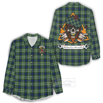 Spottiswood Tartan Women's Casual Shirt with Family Crest and Bearded Skull Holding Bottles of Whiskey - Tartan Vibes Clothing