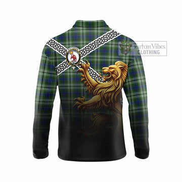 Spottiswood Crest Tartan Long Sleeve Polo Shirt with Golden Lion Emblem Celtic Style - Tartan Vibes Clothing